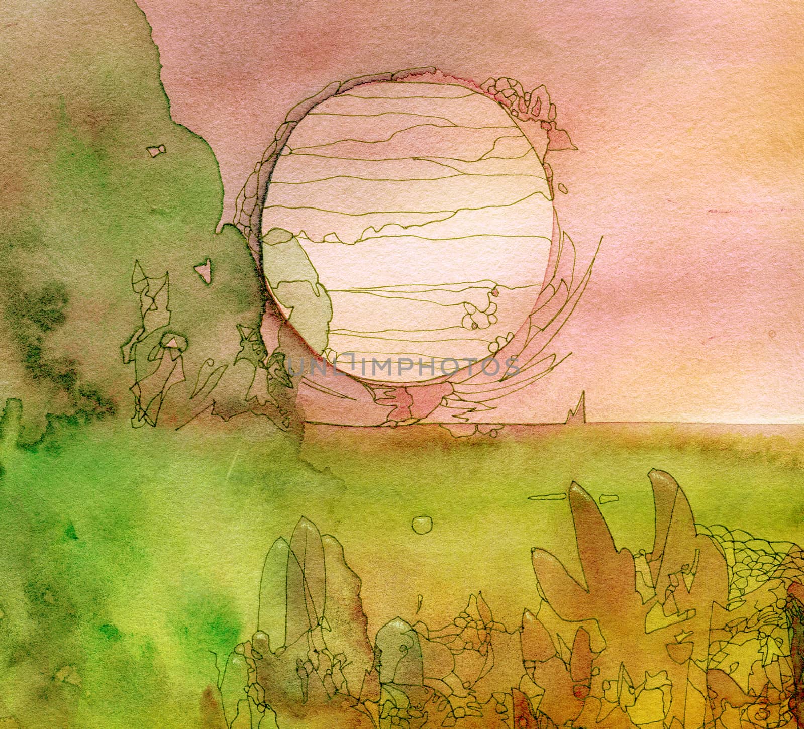 Abstract painted original watercolor and ink pen background texture - sun landscape. 