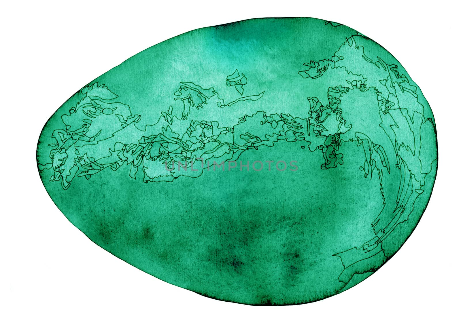 Cosmic egg watercolor and ink painting in emerald green. 