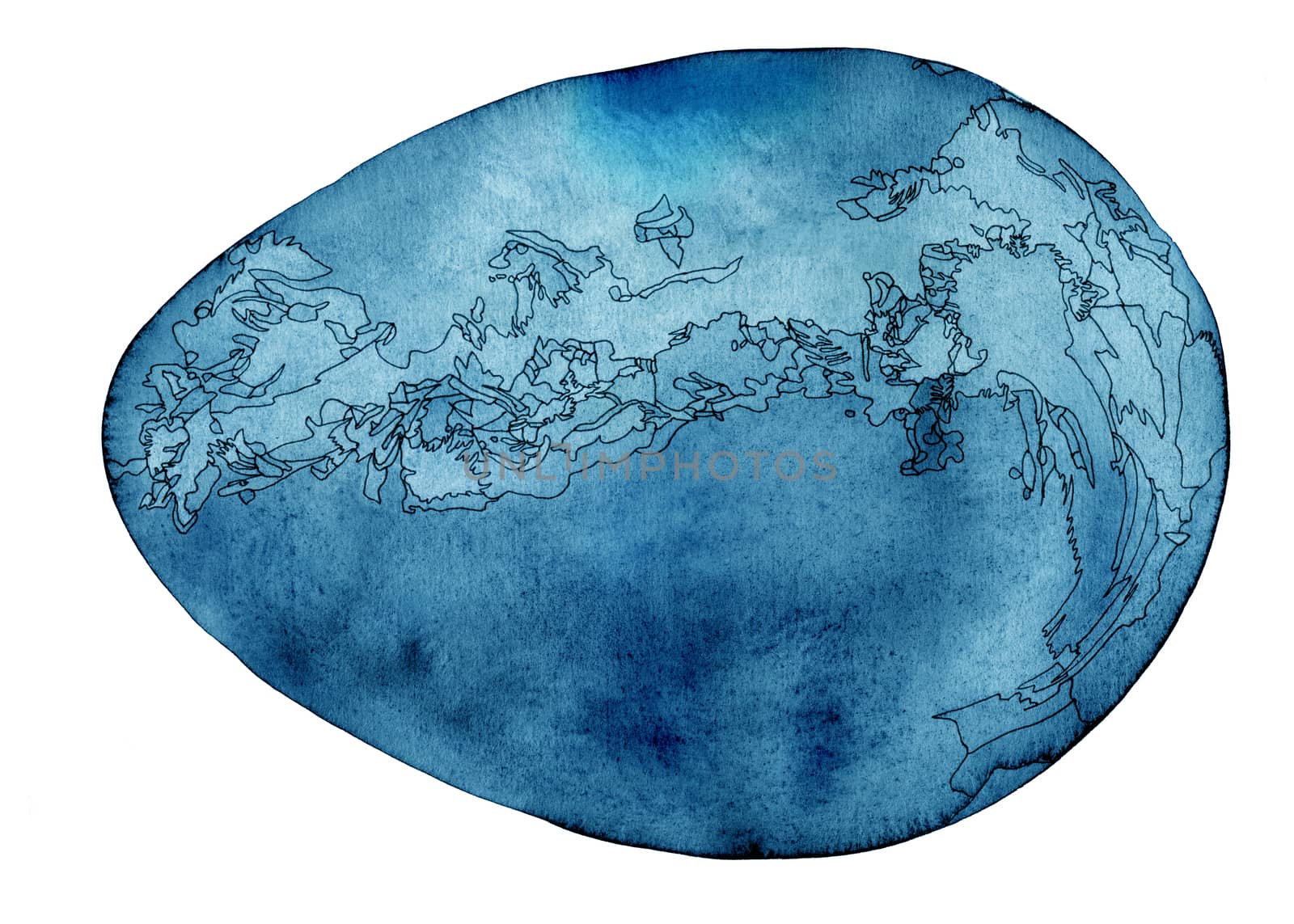 Cosmic egg watercolor and ink painting in blue