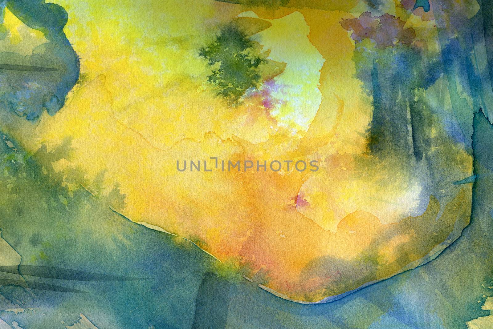 Yellow watercolor texture, abstract flower. 