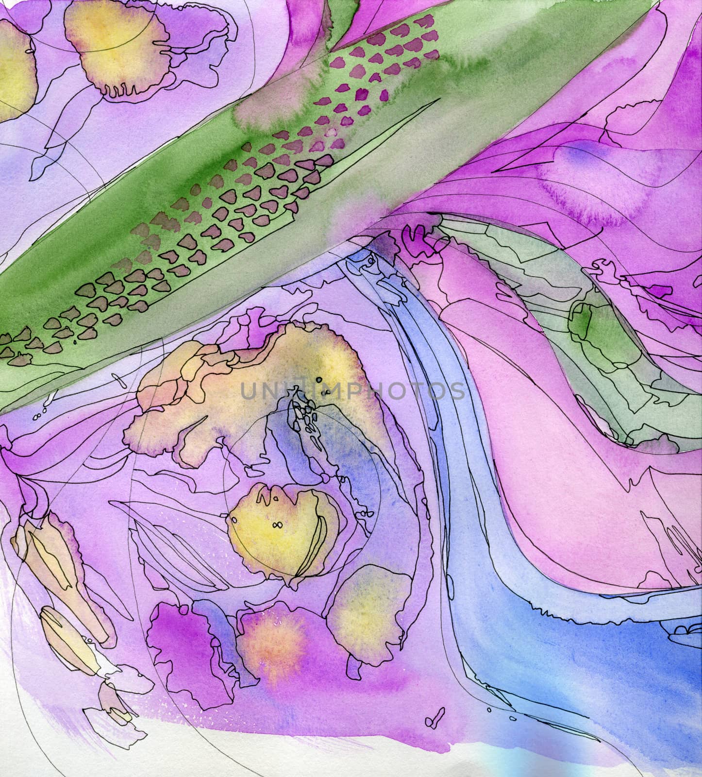 Watercolor background texture. Original watercolor backdrop with texture in purple, yellow and green with abstract fantasy pattern.