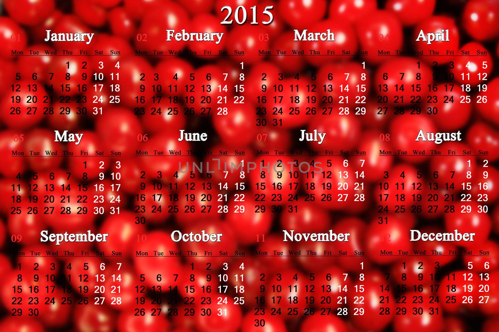 office calendar for 2015 year on the red cerry background in Russian