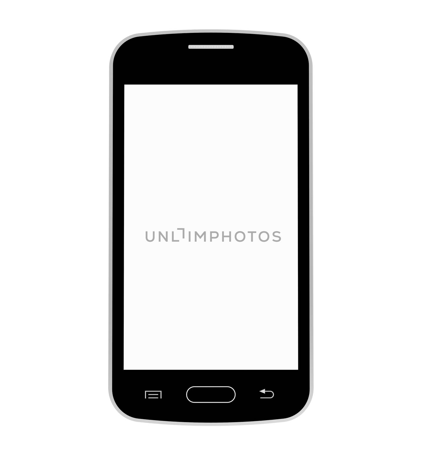 Black mobile phone with blank screen, smartphone, 3D render, isolated on white