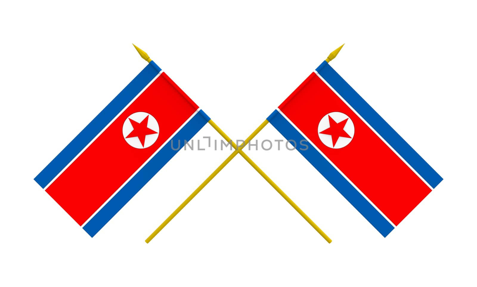 Two crossed flags of North Korea, 3d render, isolated on white