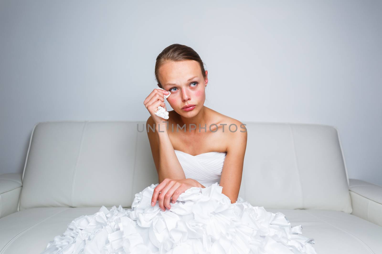 Sad bride crying, smitten, feeling low and depressed