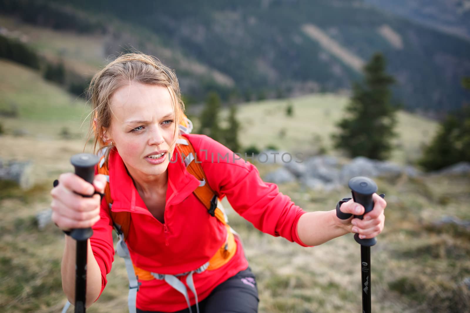 Pretty, young female hiker having a tough walk uphill by viktor_cap