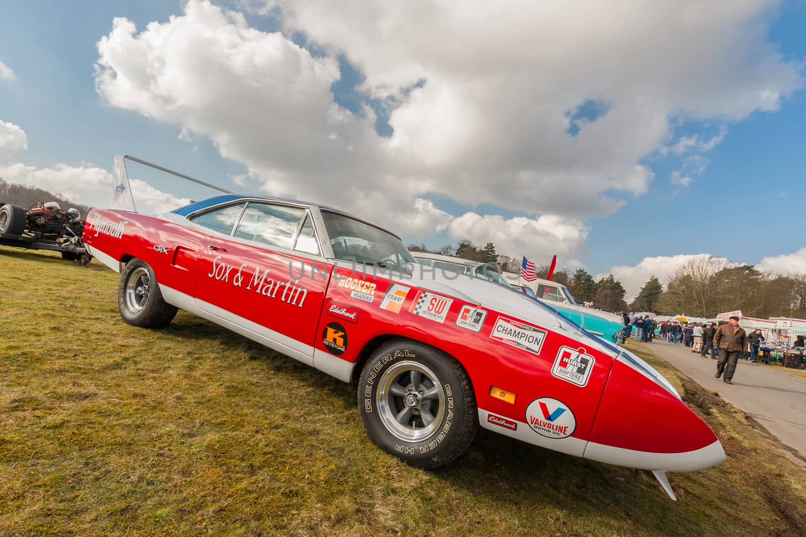 Farnborough, UK - March 29, 2013: Sox and Martin Plymouth GTX dragster on display at the annual Wheels Day auto and bike show in Farnborough, UK