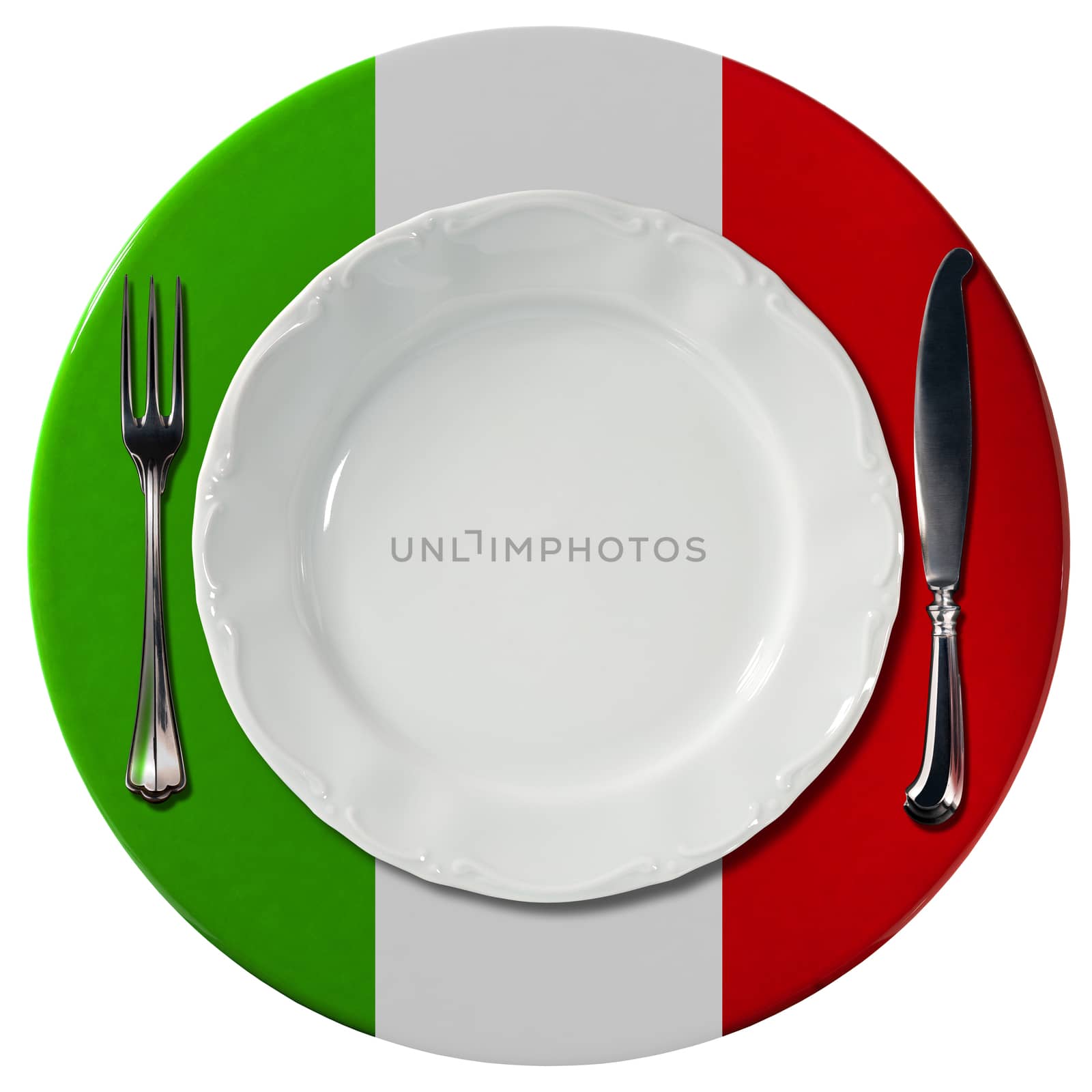 Concept of Italian cuisine with white plate and under plate colored with the colors of Italian flag and silver cutlery isolated on white background