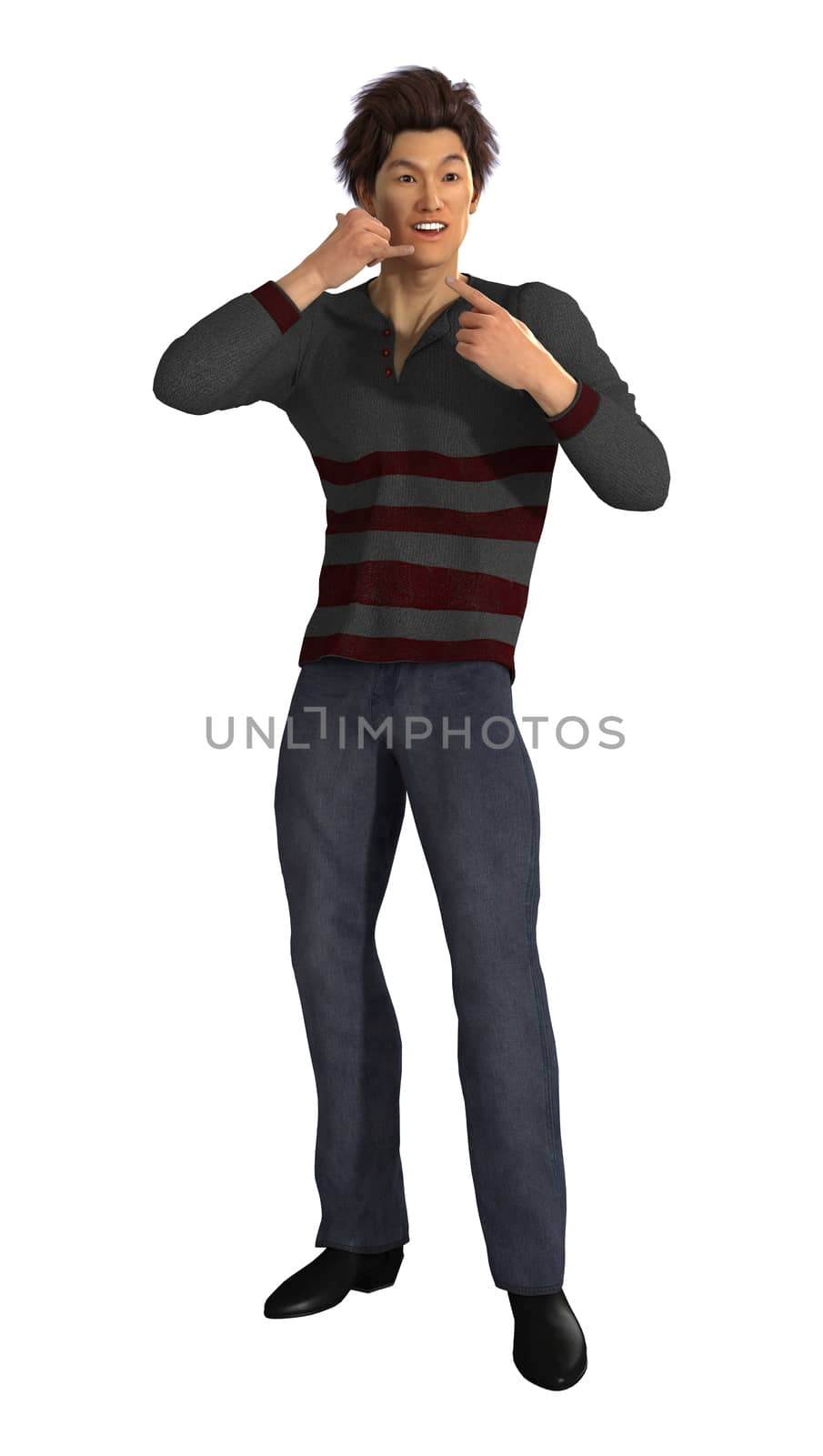 3D digital render of a young Asain man in casual clothes making a sign call me isolated on white background