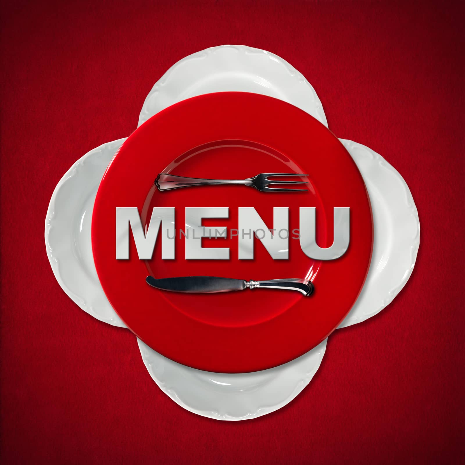 Restaurant menu with a red plate and four white plates with silver cutlery on red velvet background with shadows. Text Menu in white ceramic