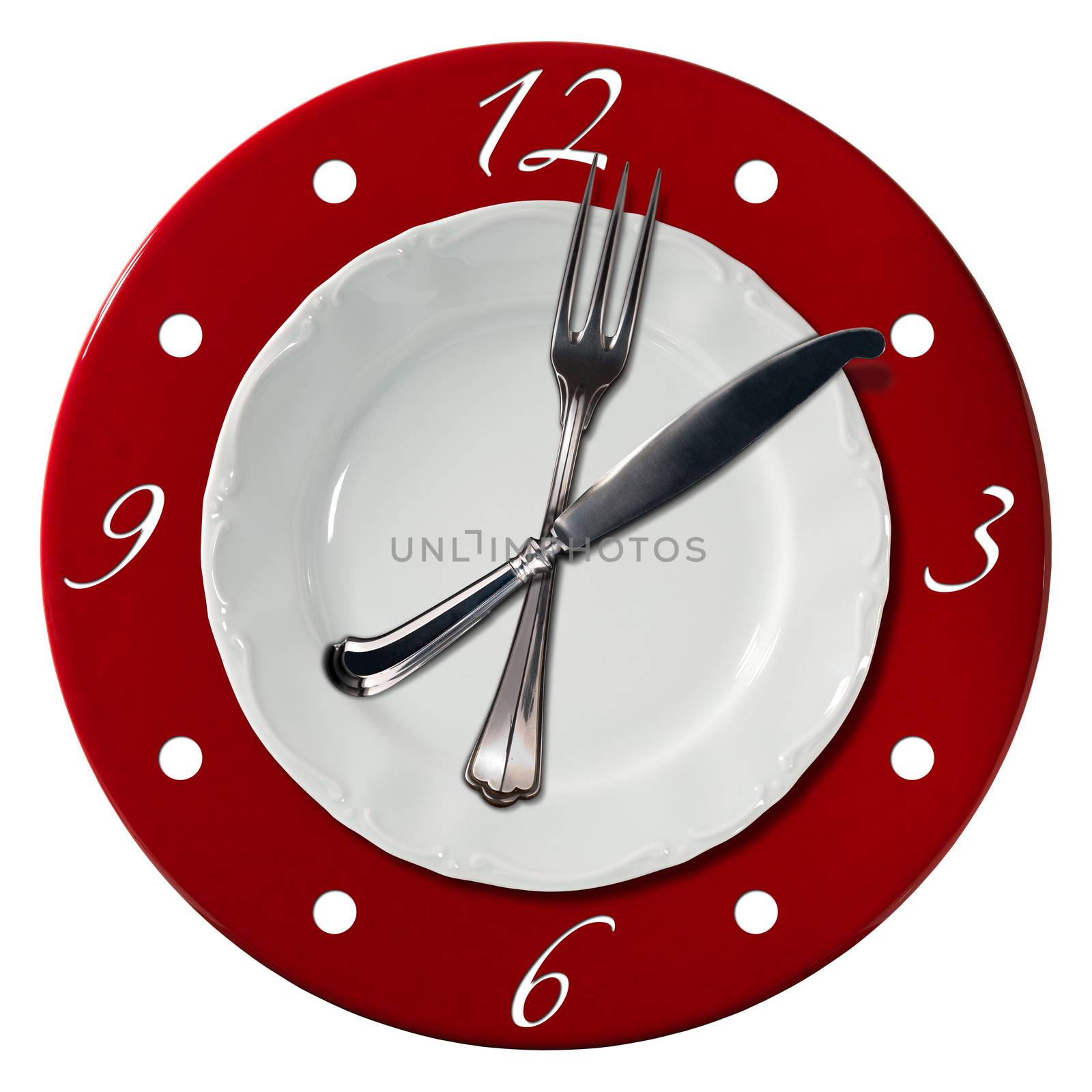 Clock composed by a white plate and a red underplate with fork and knife in the place of the clock hands. Lunch time concept