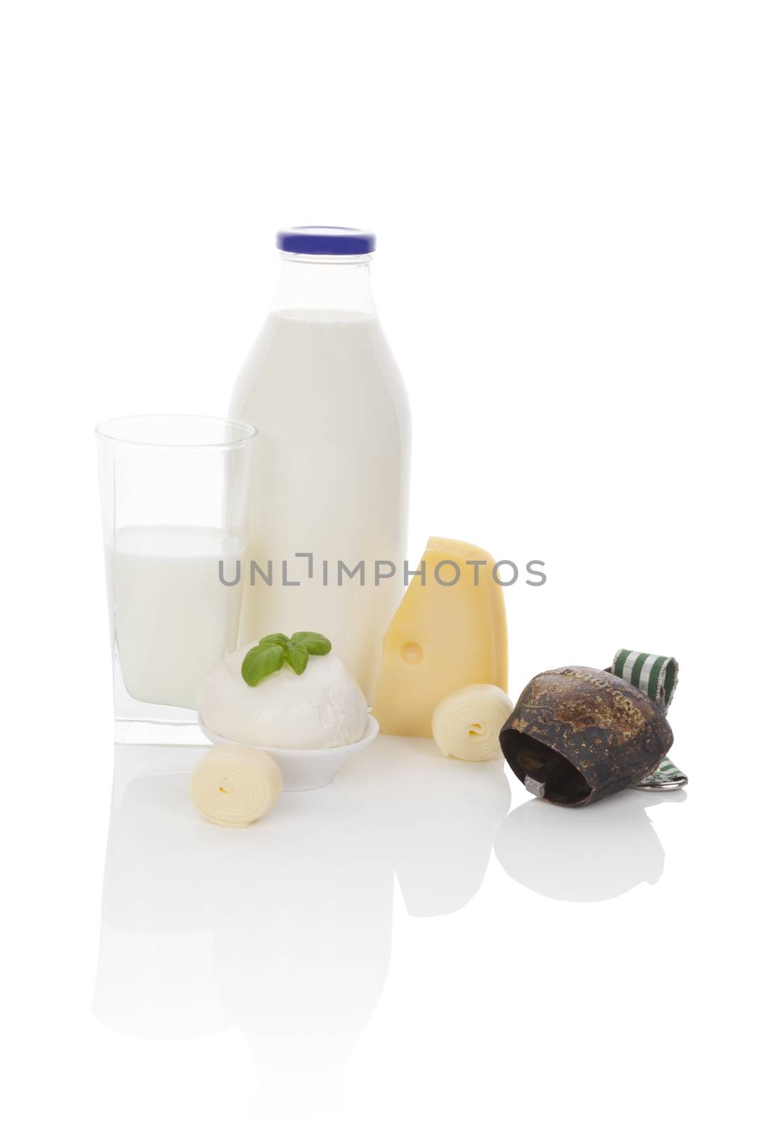 Milk, cheese, curd, mozzarella isolated on white background. Traditional dairy products background. Healthy eating. 