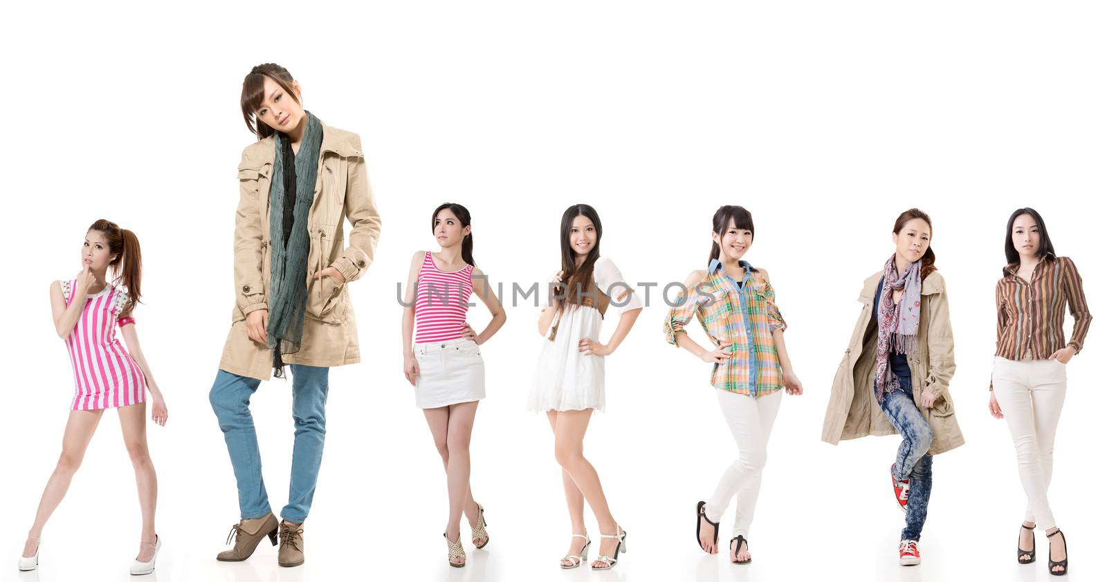 Group of pretty asian women. Isolated on white background.