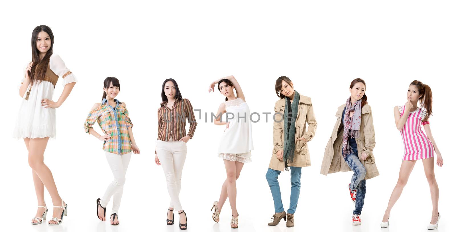 Group of pretty asian women. Isolated on white background.