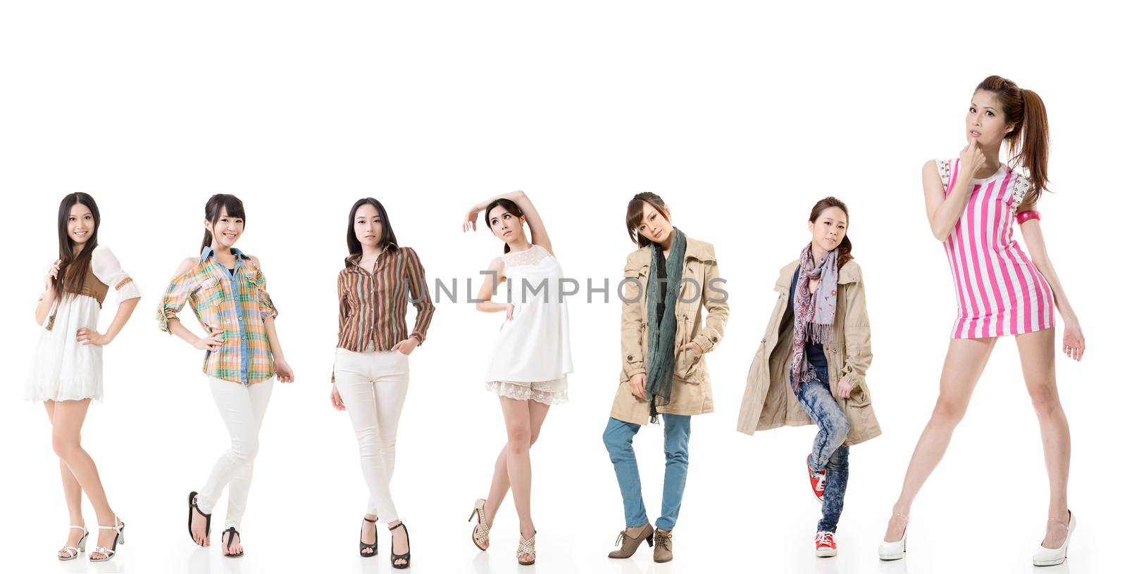 Group of pretty asian women. Isolated on white background.