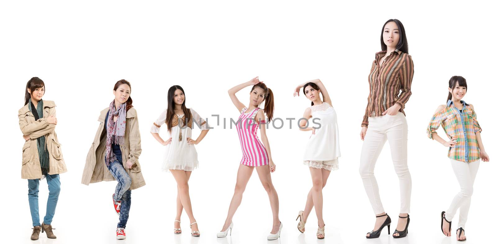 Group of pretty asian women. Isolated on white background.