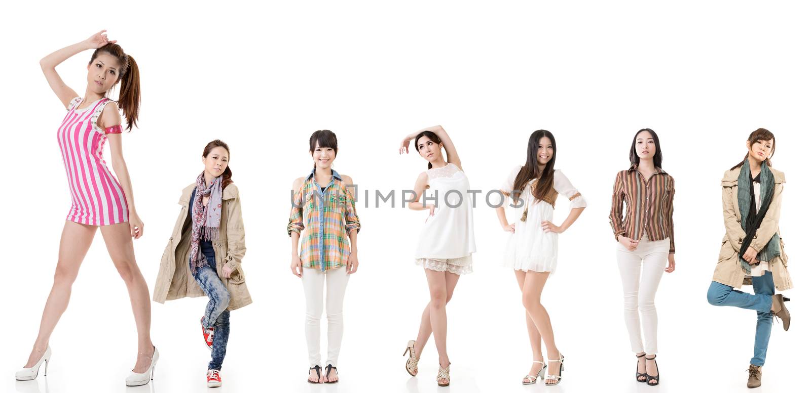 Group of pretty asian women. Isolated on white background.