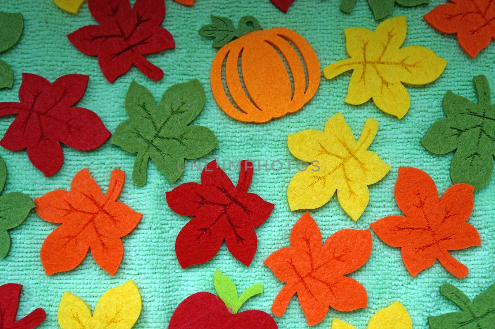 Bright Maple leaves out of felt on a light green fabric as a background                             