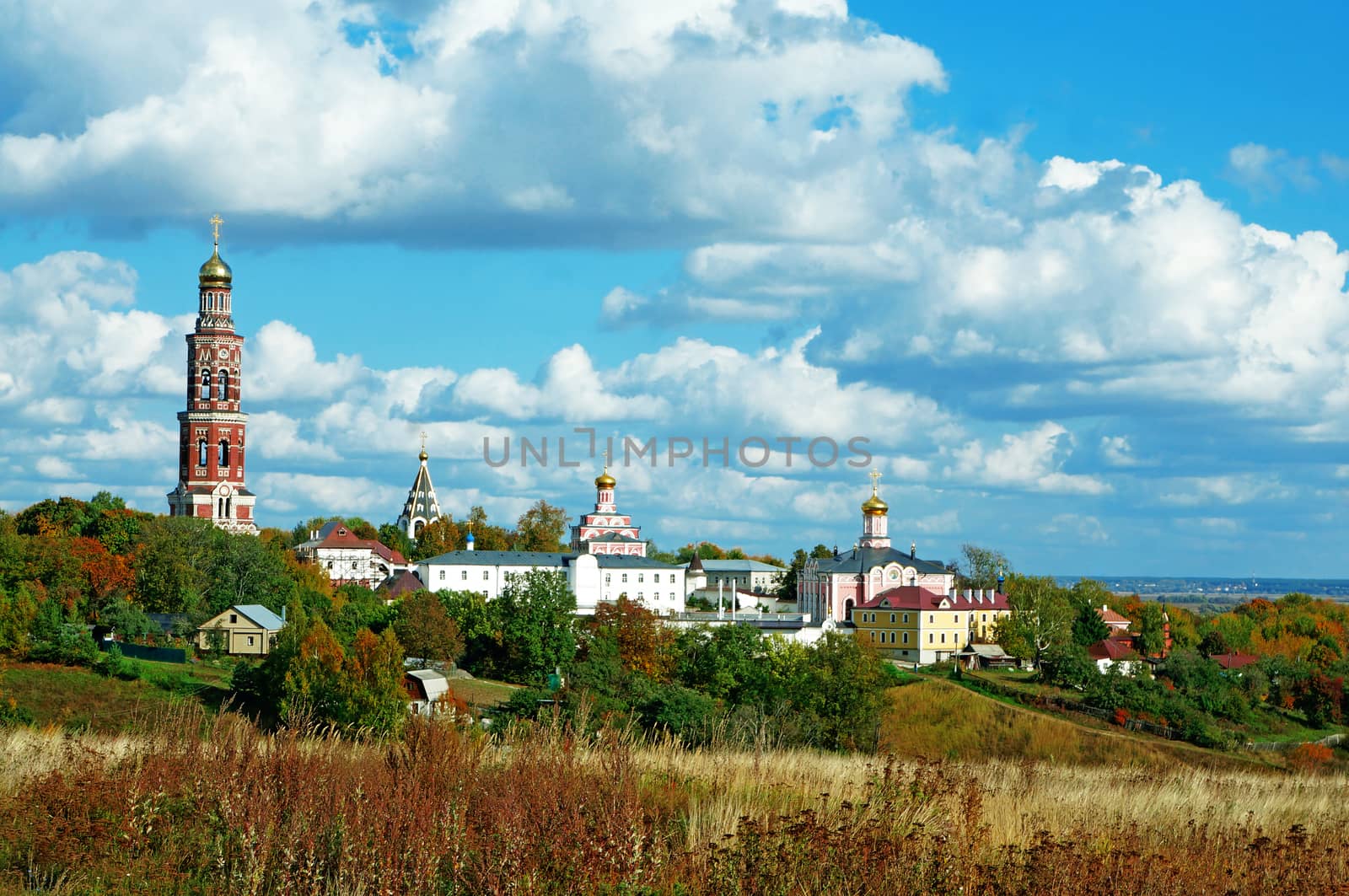 Russian landscape: Orthodox church under the blue sky                               