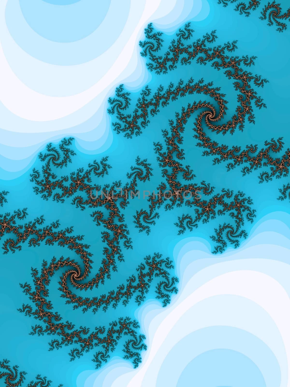 Digital computer graphic - rendering. Patterned fractal spiral in a blue colors for design.