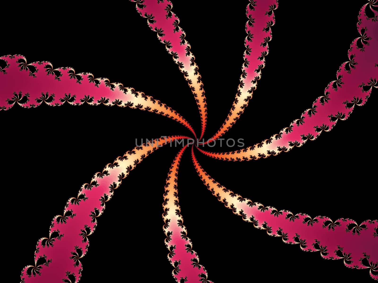 Digital computer graphic - rendering. Patterned fractal spiral on a black background for design.