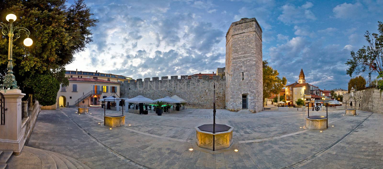 Town of Zadar five wells square evening panoramic view, Dalmatia, croatia