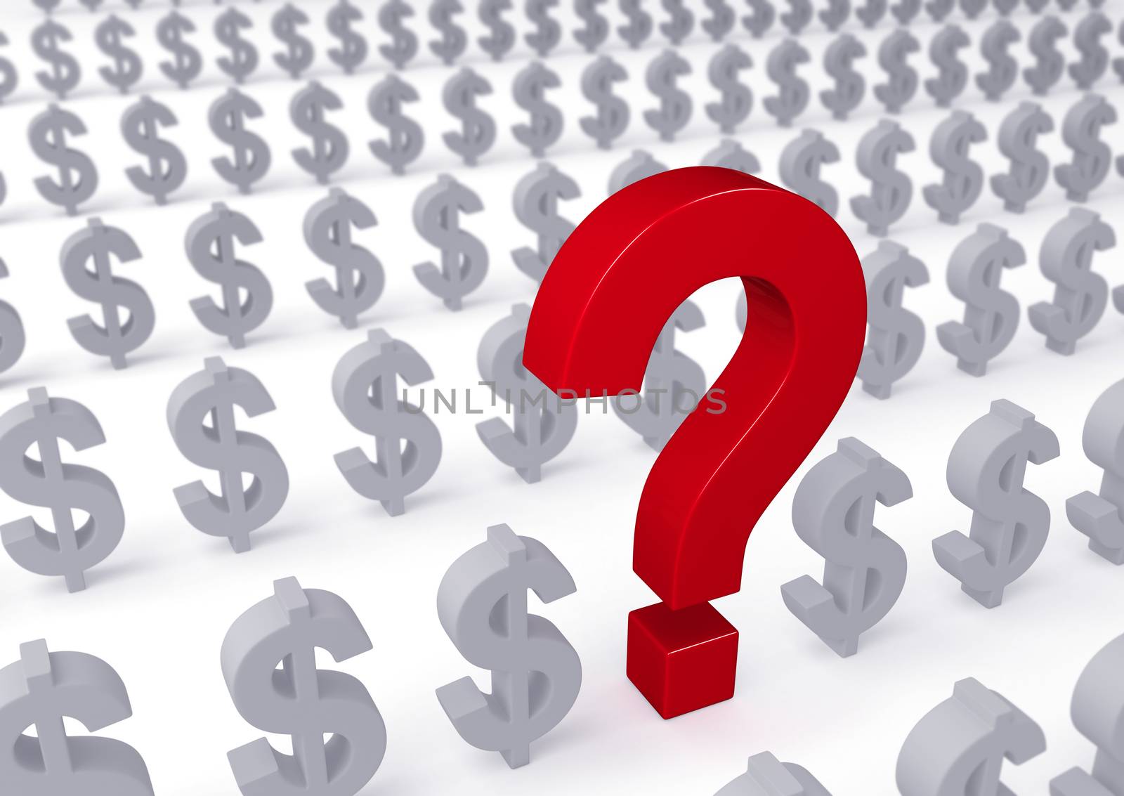 A large, red question mark stands out in a field of gray dollar signs on white background. Shallow DOF with focus on the question mark.