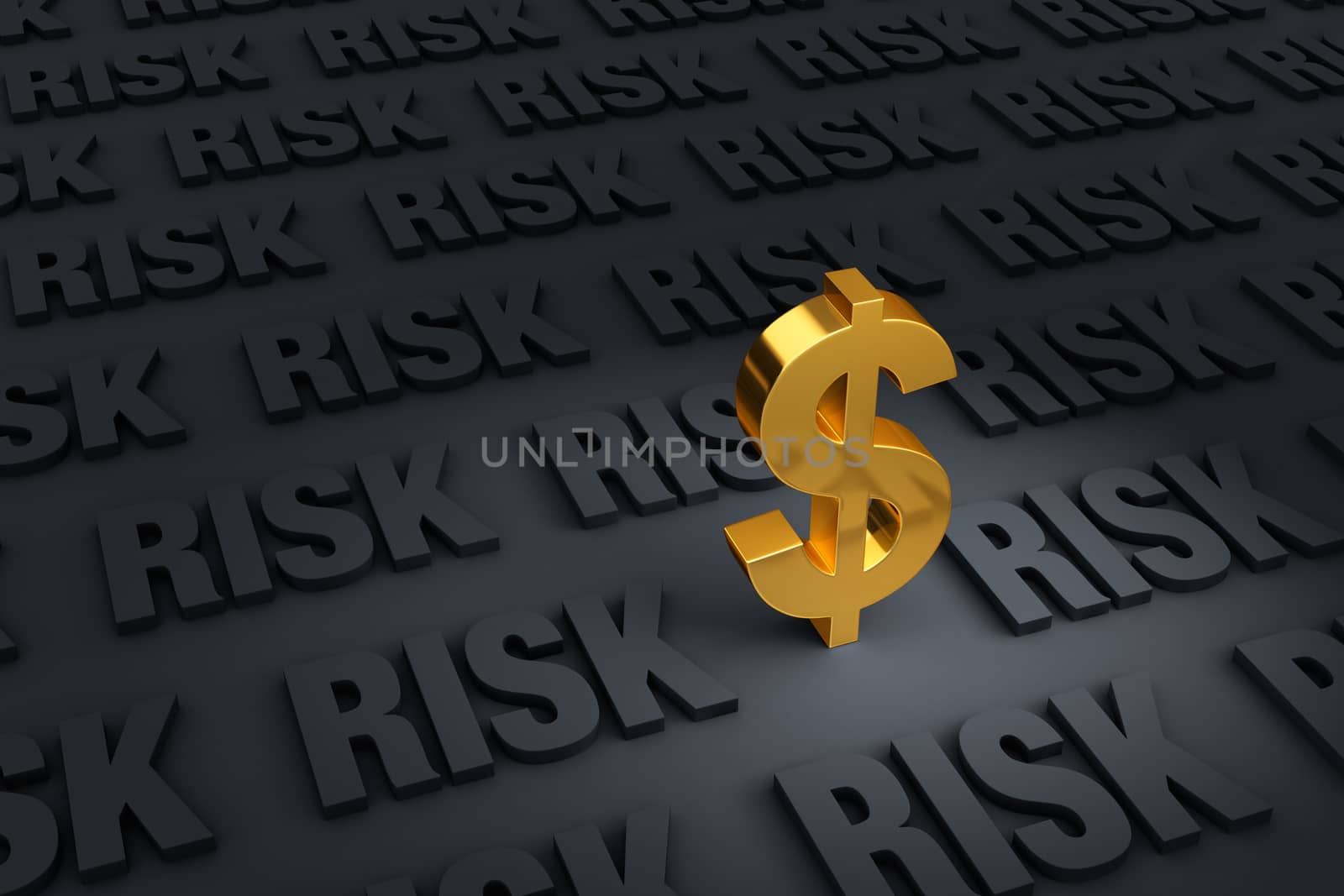 A gold dollar sign in the foreground stands in a dark plane of gray "RISK" receding into the distance