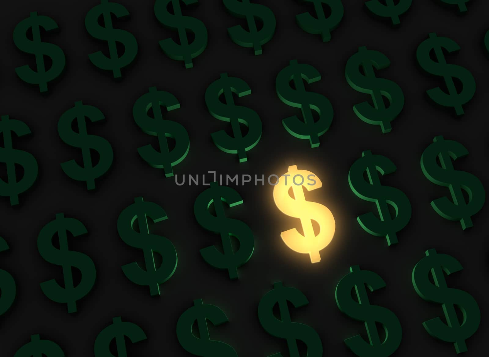 A bright, glowing yellow dollar sign stands out in a dark field of green dollar signs