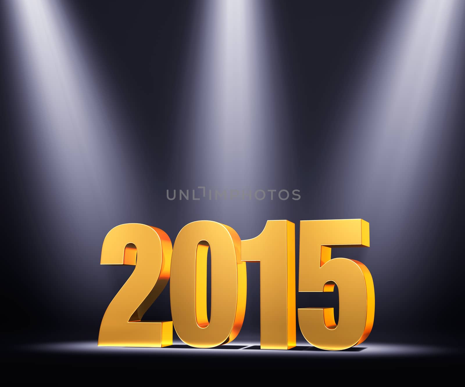 Gold 2015 on dark stage, brightly illuminated by three slightly blue spotlights.