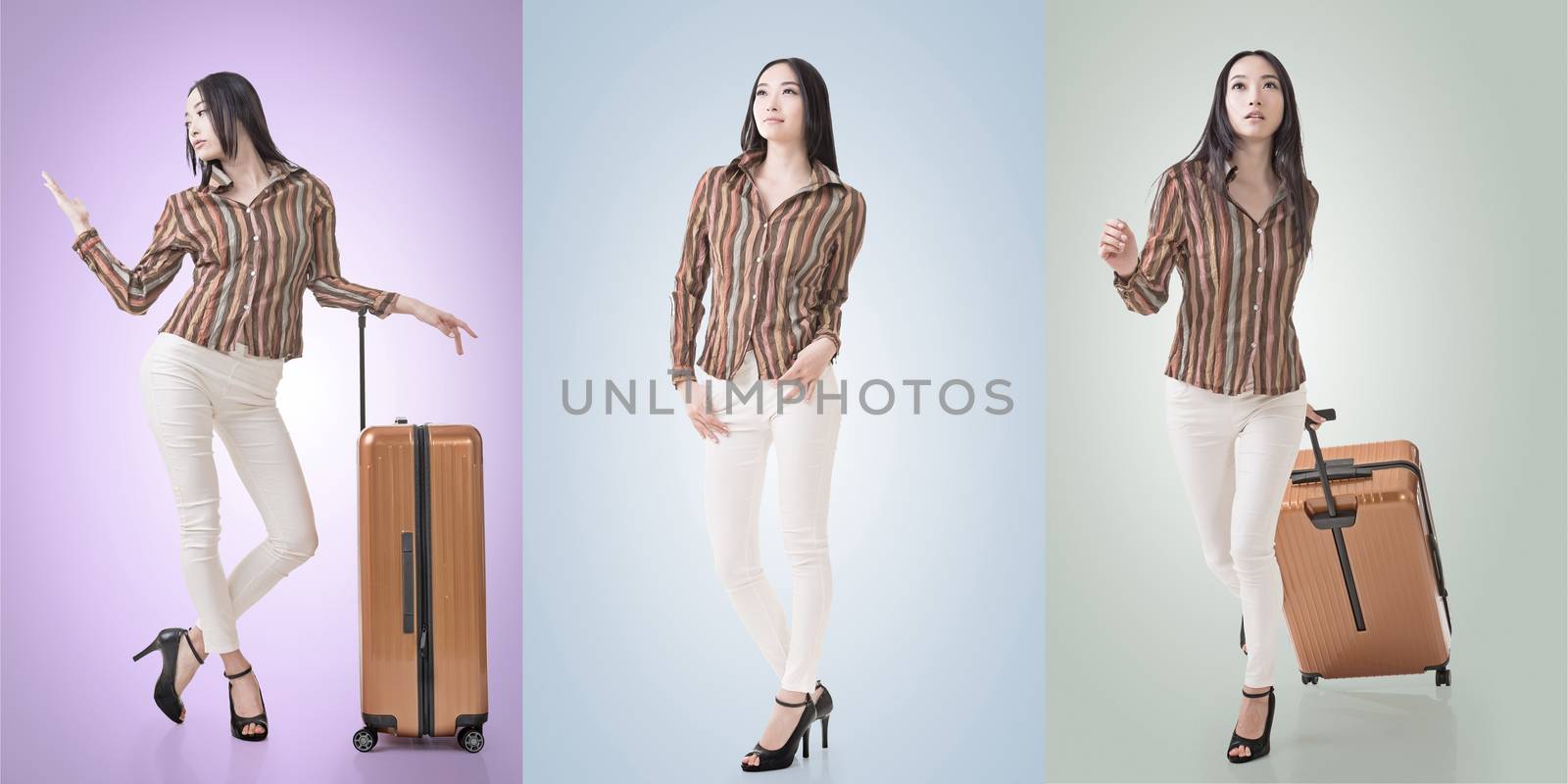 Travel concept with Asian beauty with a luggage in a set.