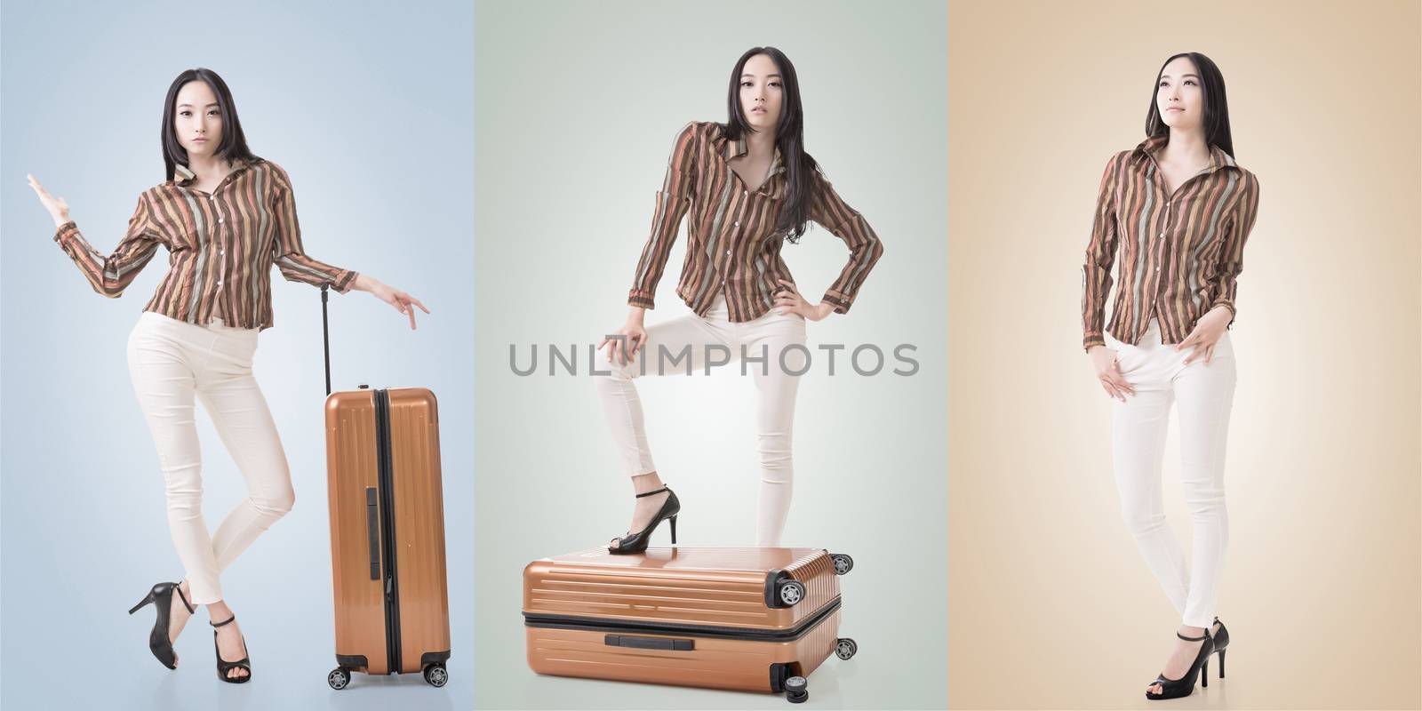 Travel concept with Asian beauty with a luggage in a set.