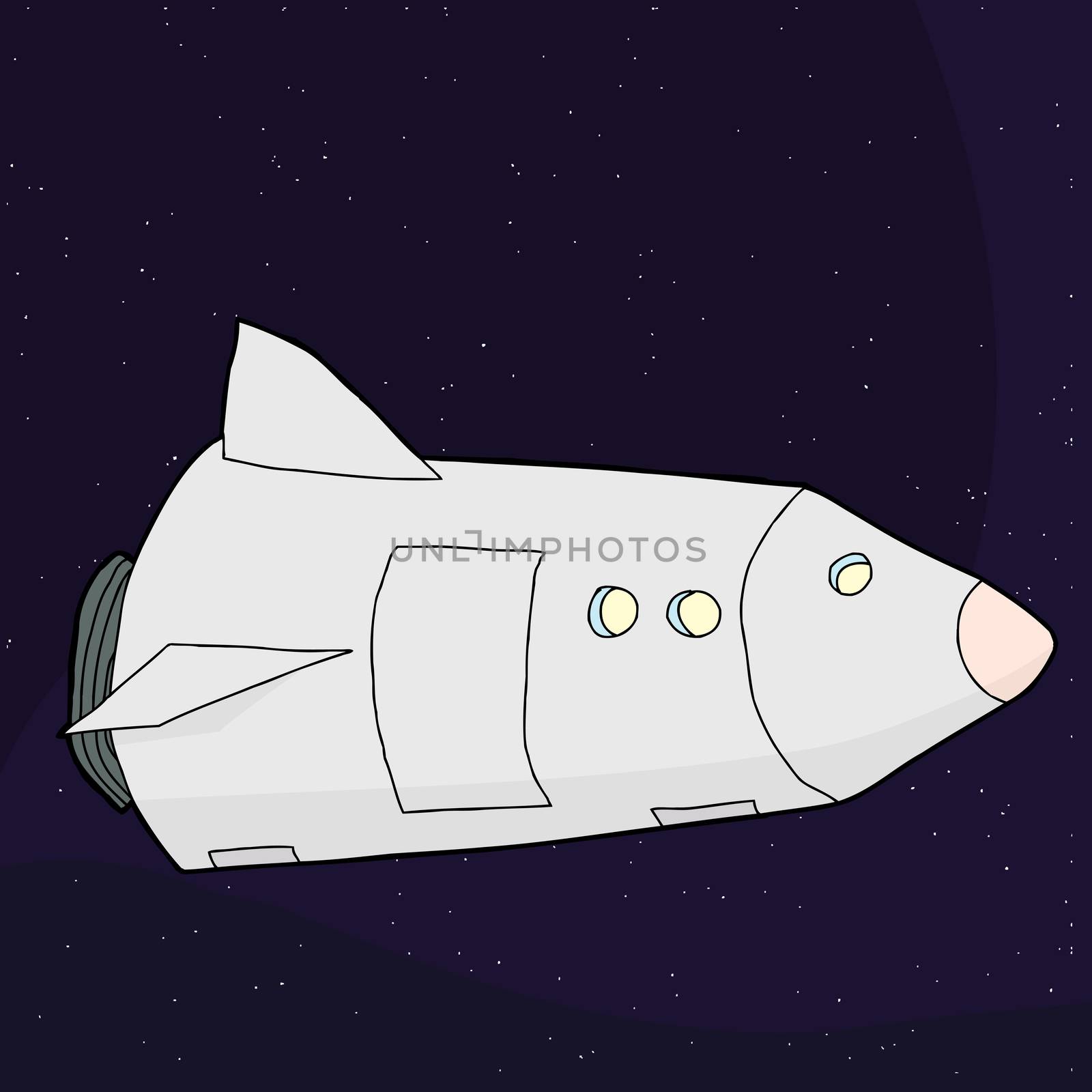 Single cartoon fantasy spaceship in outer space