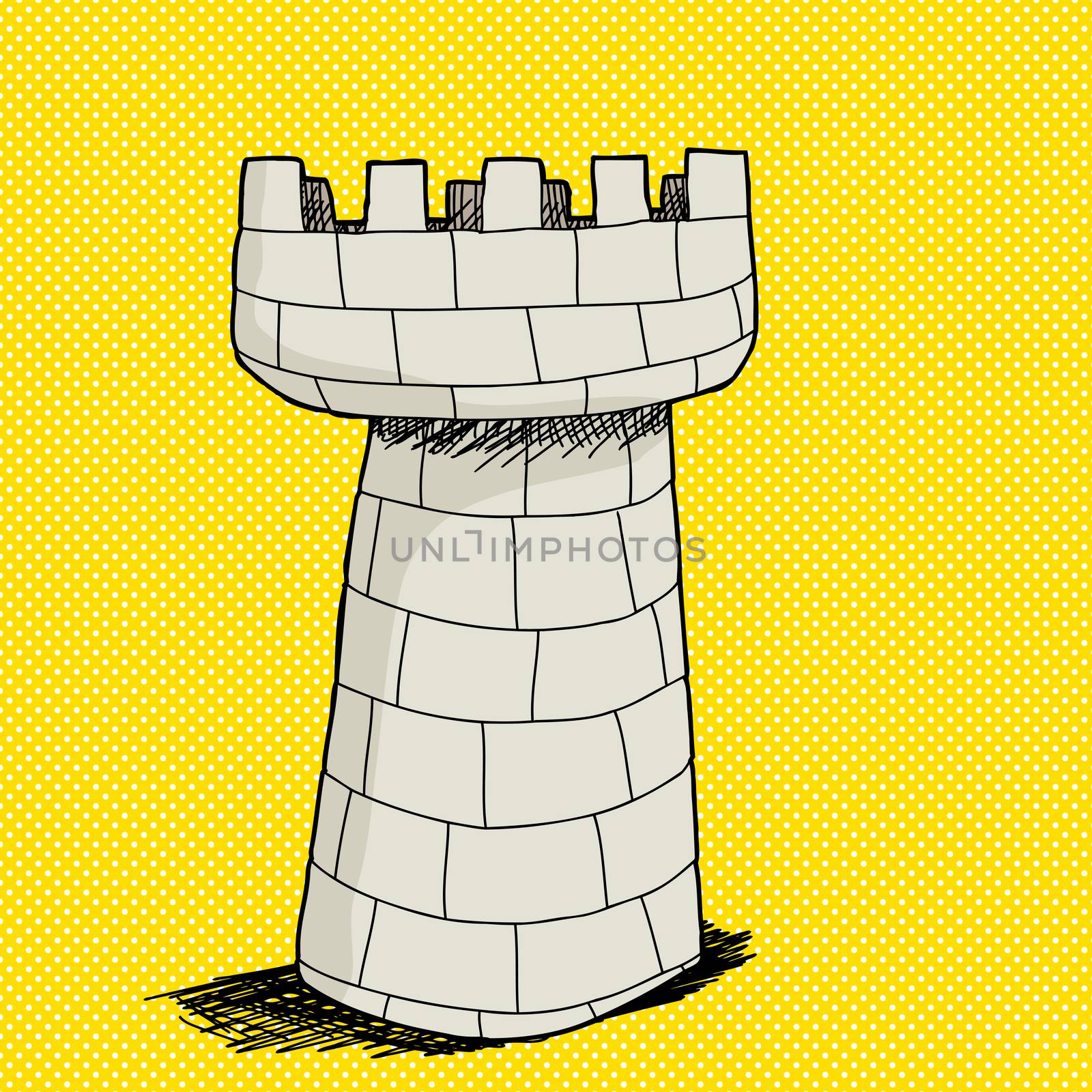 Hand drawn stone castle tower over yellow halftone background