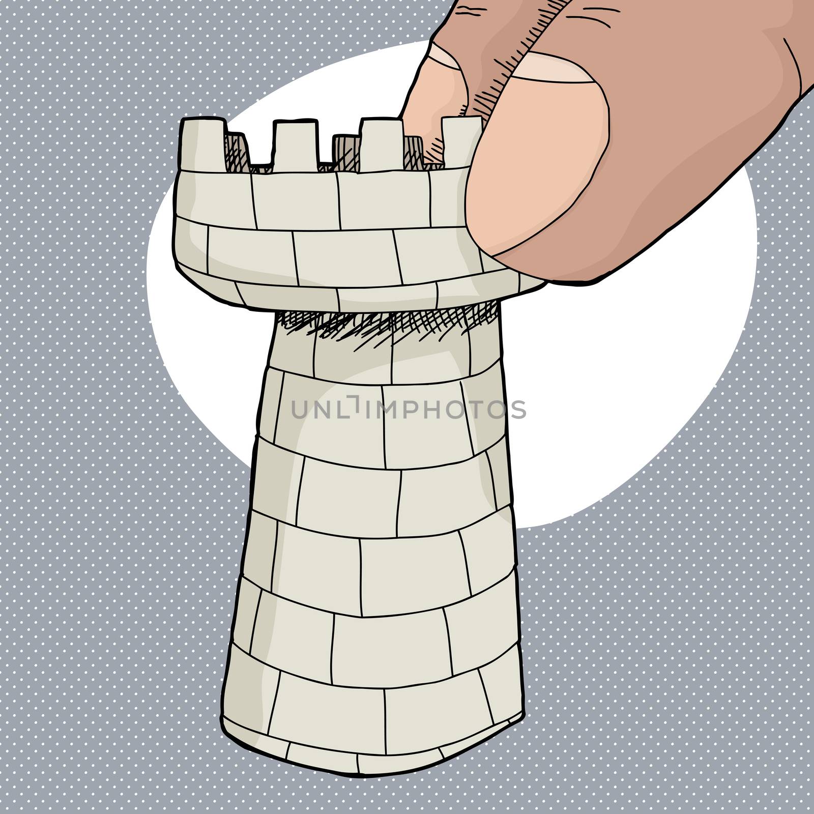 Fingers holding chess rook piece over halftone background