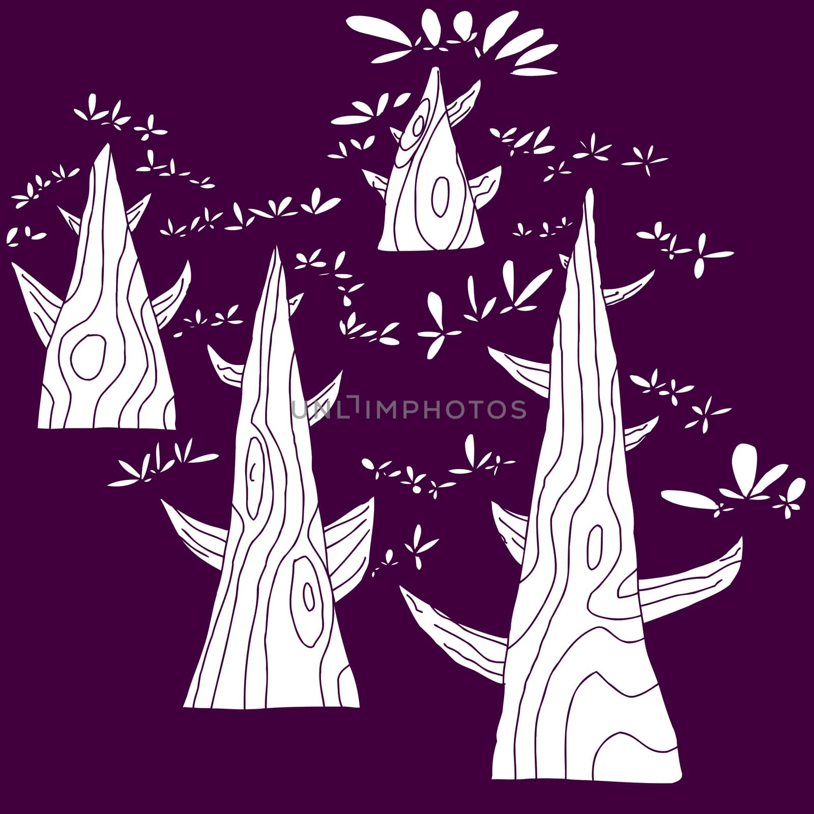 Set of four hand drawn cartoon trees in purple
