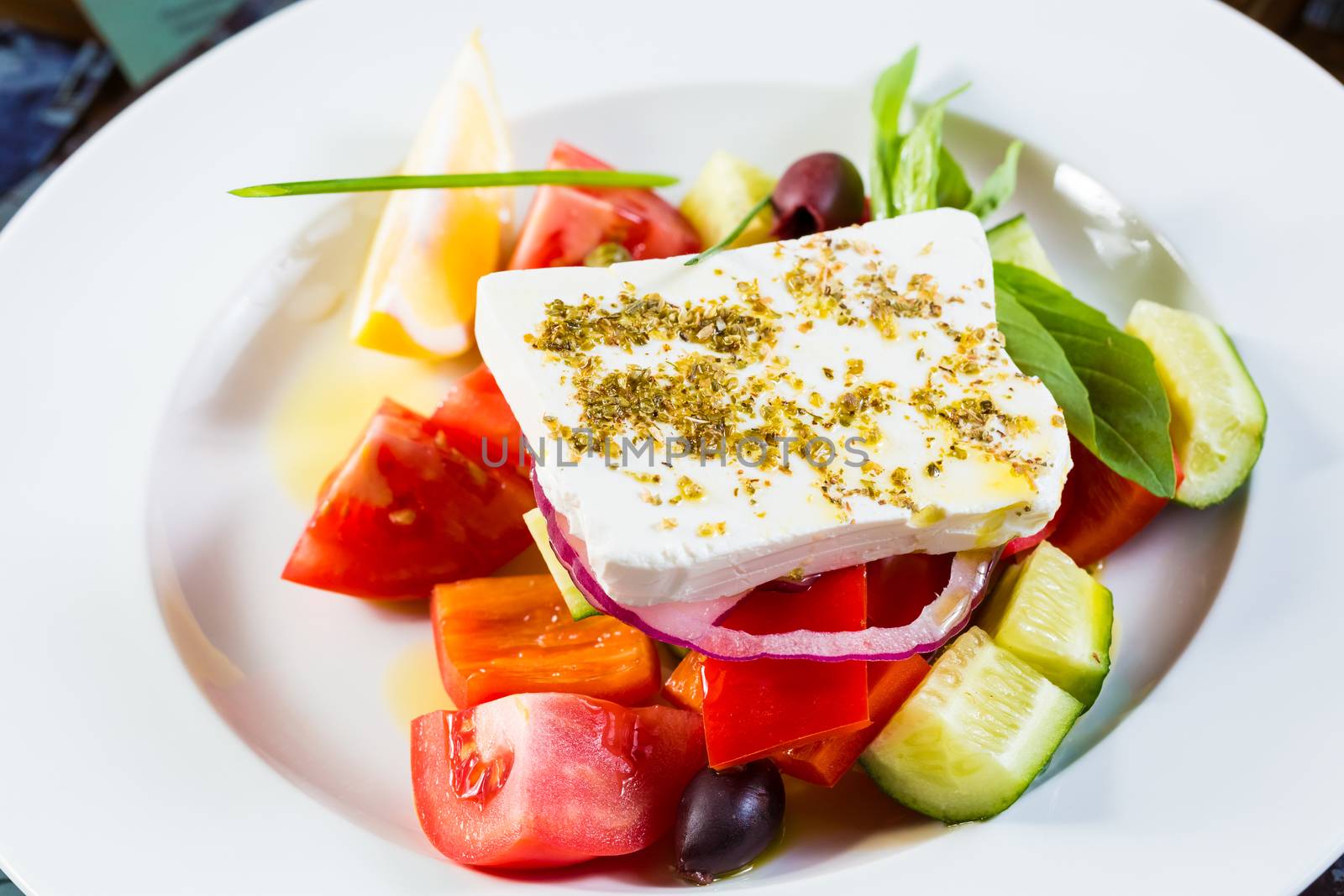 The fresh vegetable salad. Close up. Greek Salad