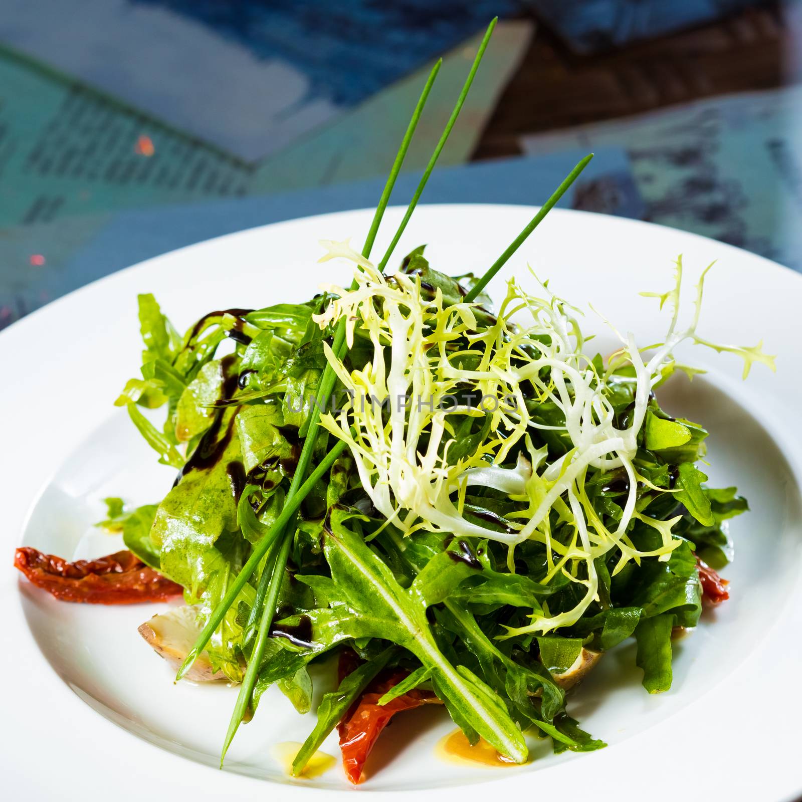 Fresh organic vegetable salad on whte plate.  by sarymsakov