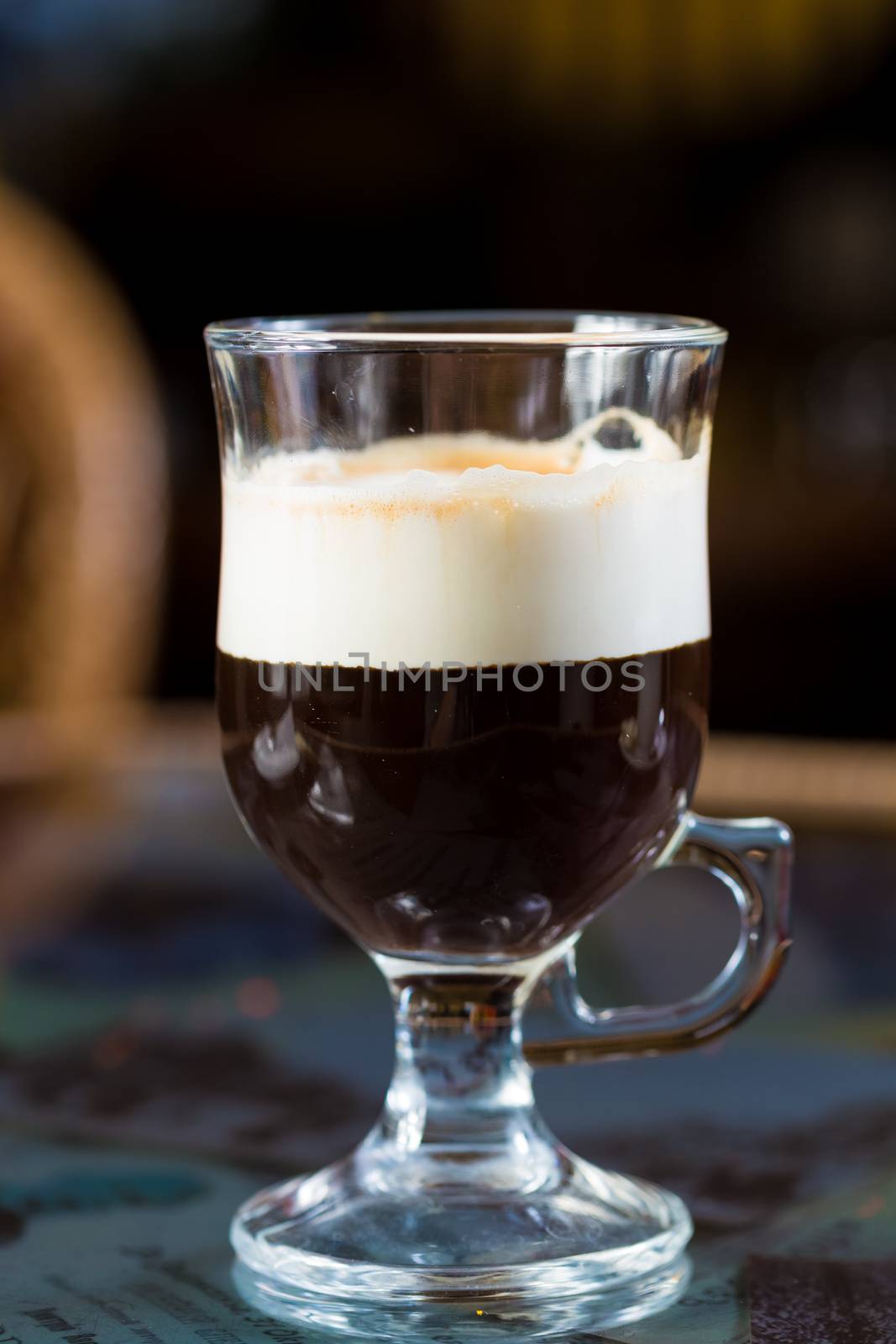 irish coffee glass. Close up. Selective focus