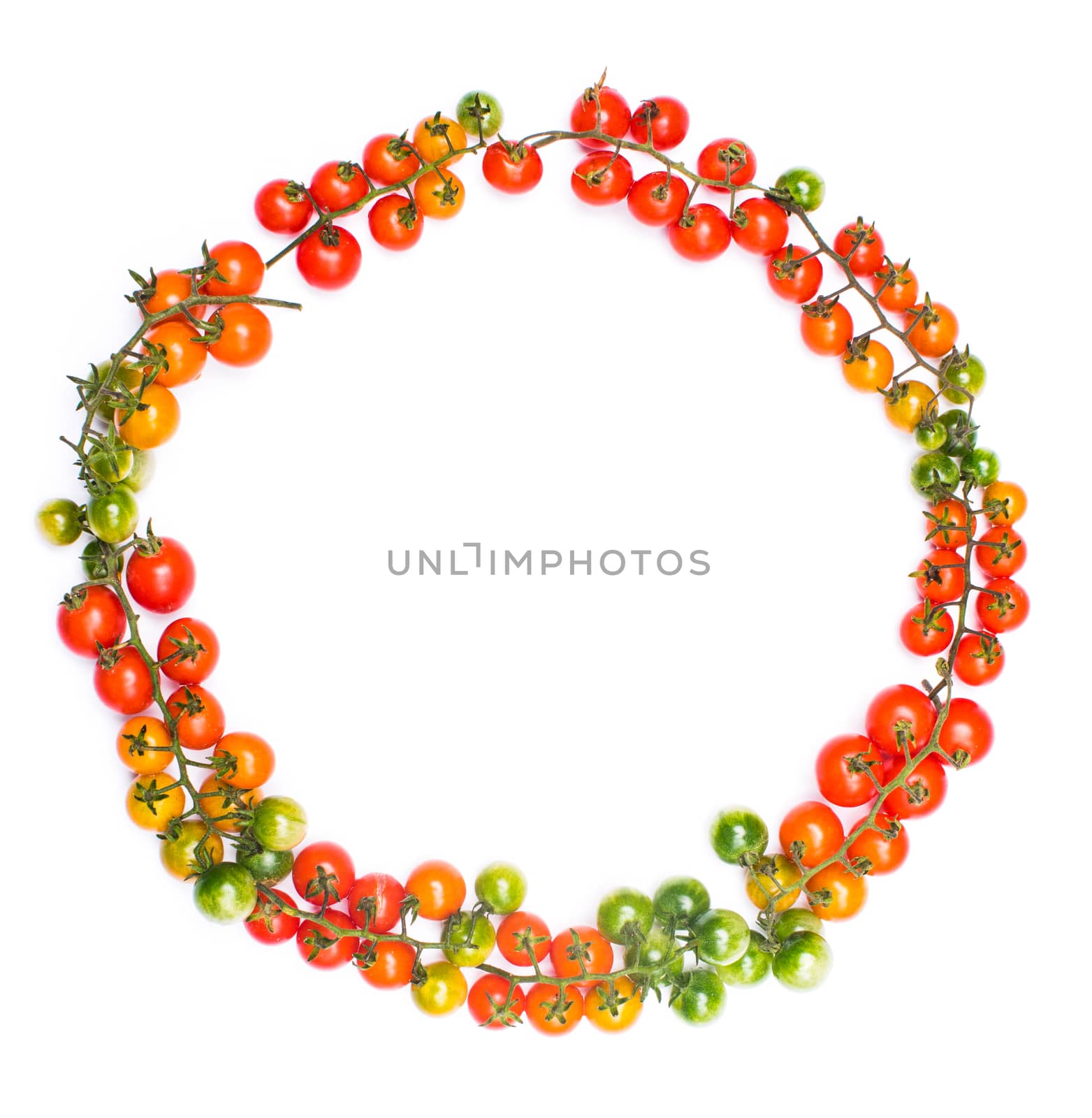 Healthy lifestyle cherry tomatoes circle shape concept on white