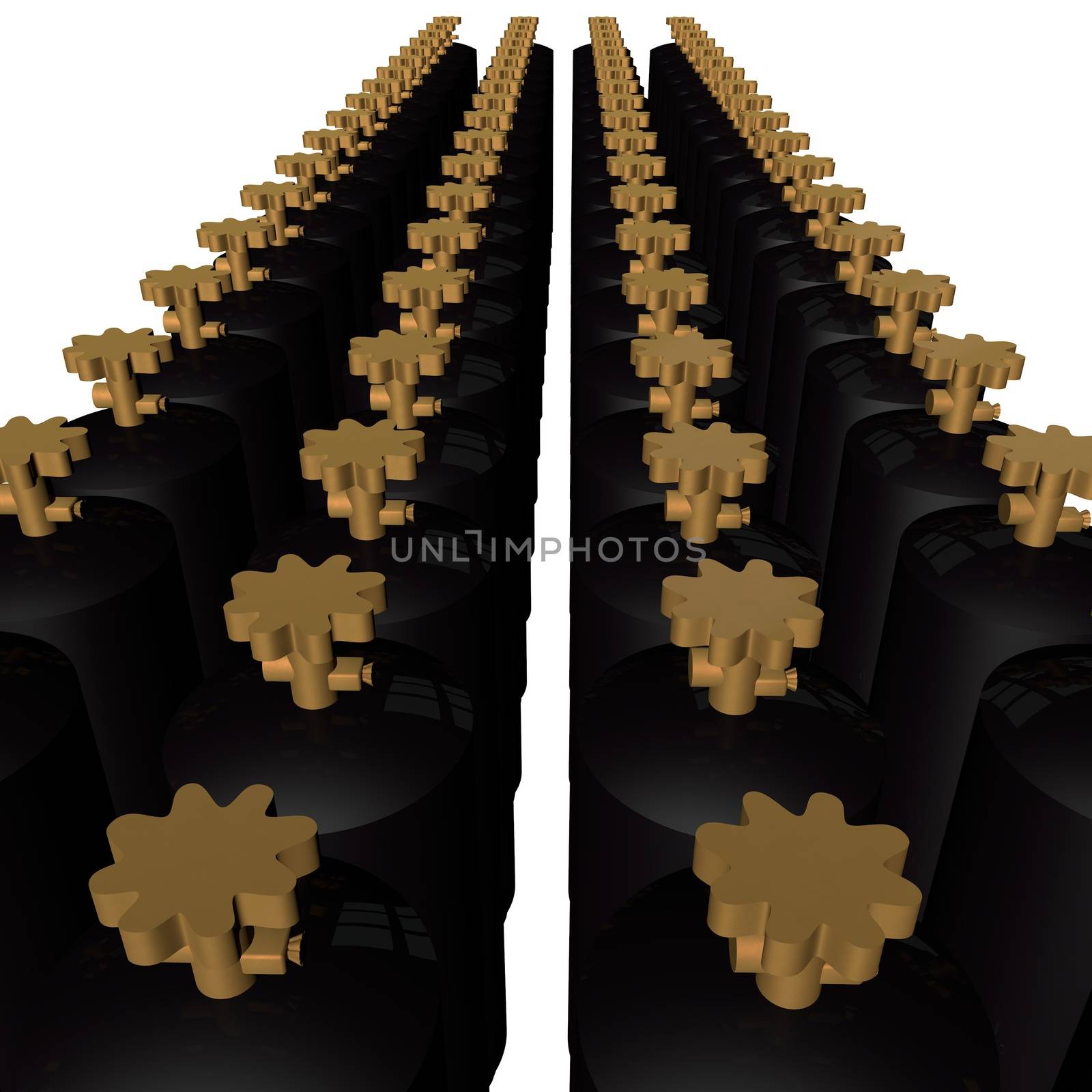 Black gas cylinders in rows, isolated over white, 3d render
