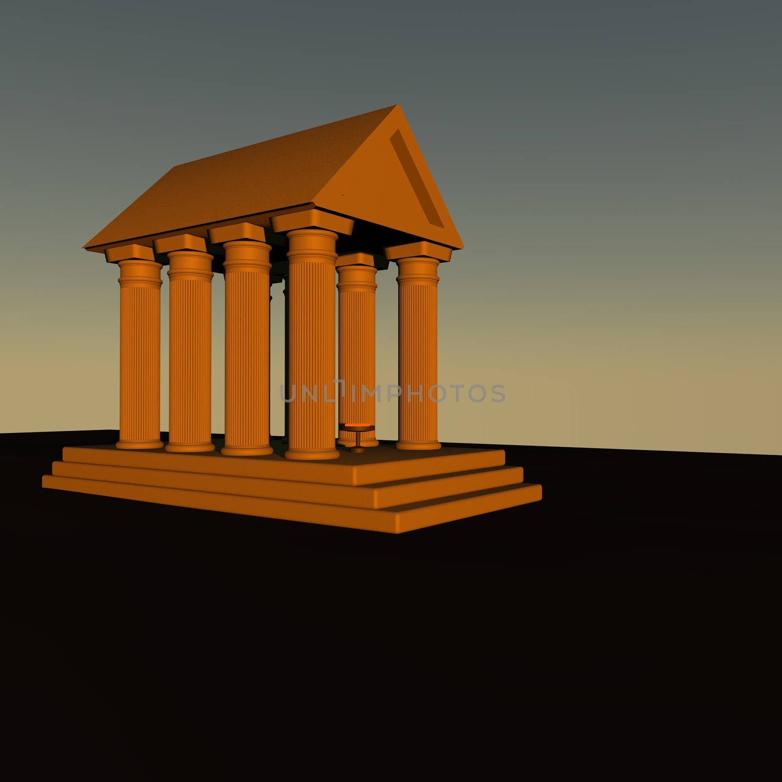 Greek temple under sunset light, 3d render