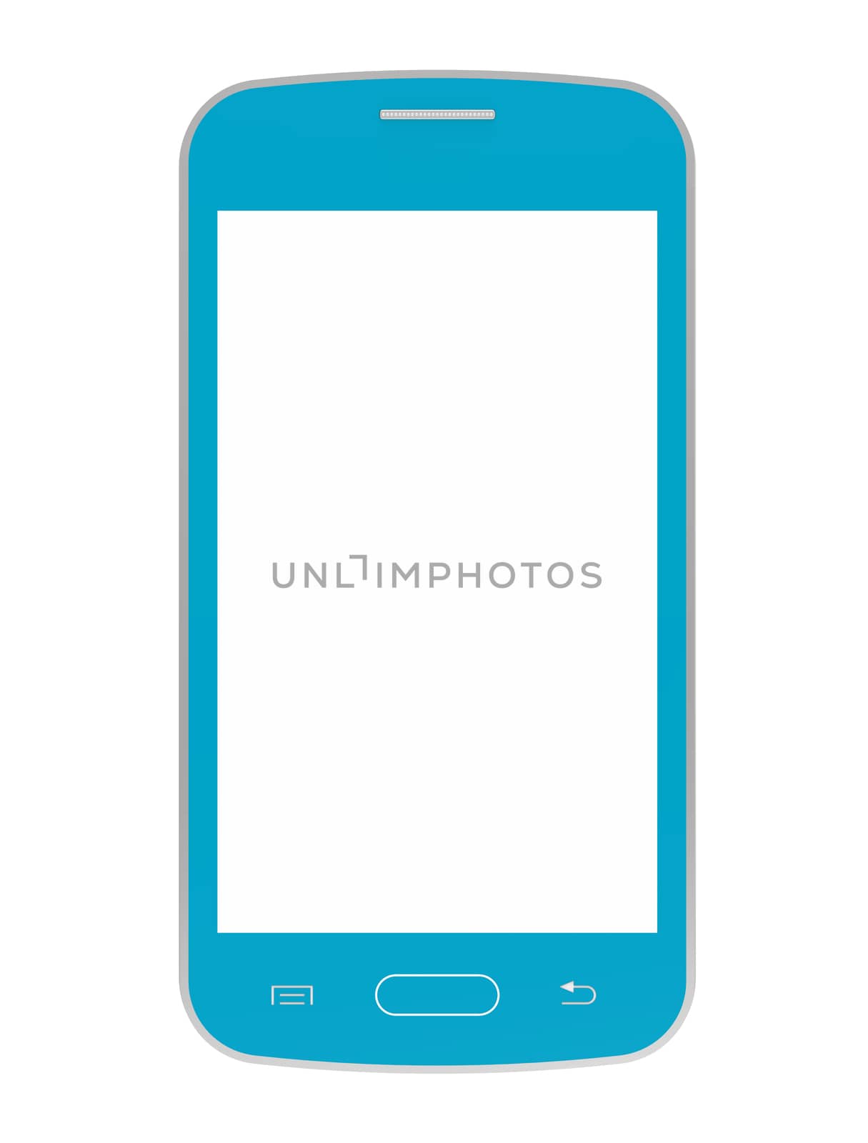 Blue mobile phone with blank screen, smartphone, 3D render, isolated on white
