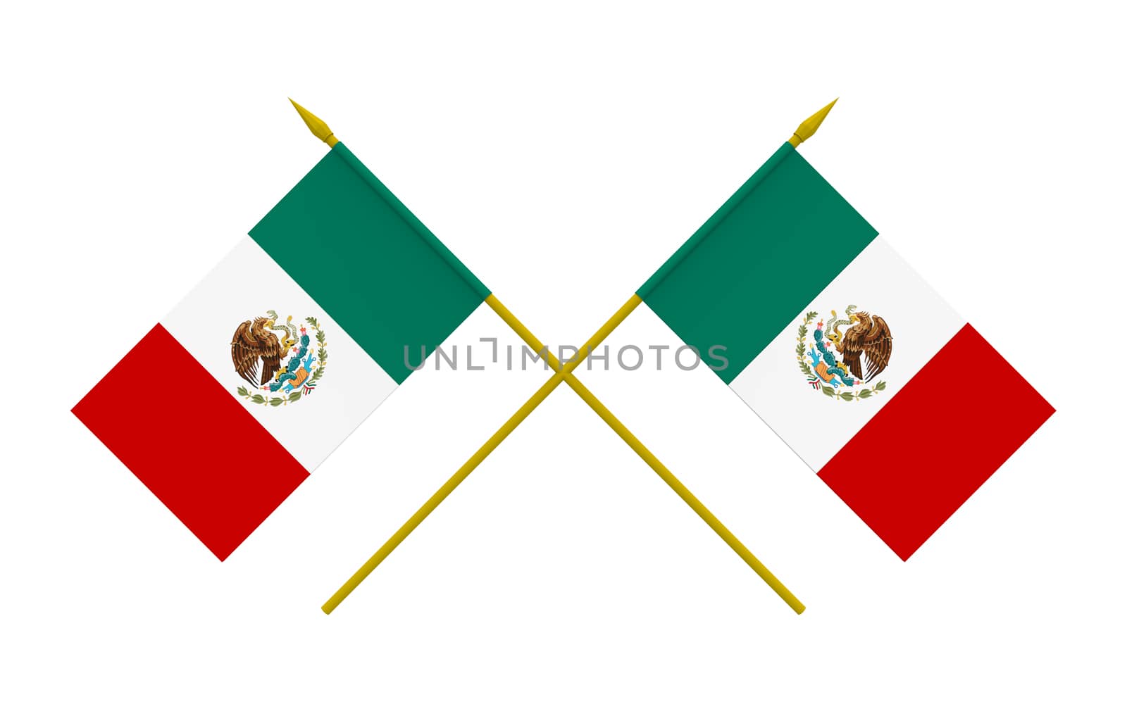 Two crossed flags of Mexico, 3d render, isolated on white