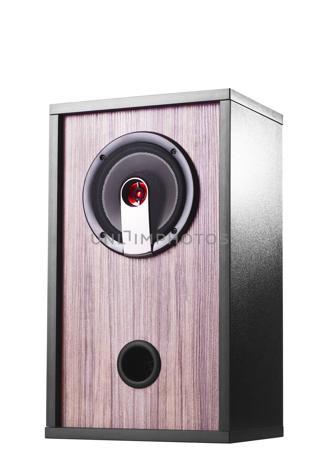 black wooden audio speaker box, isolated on white background
