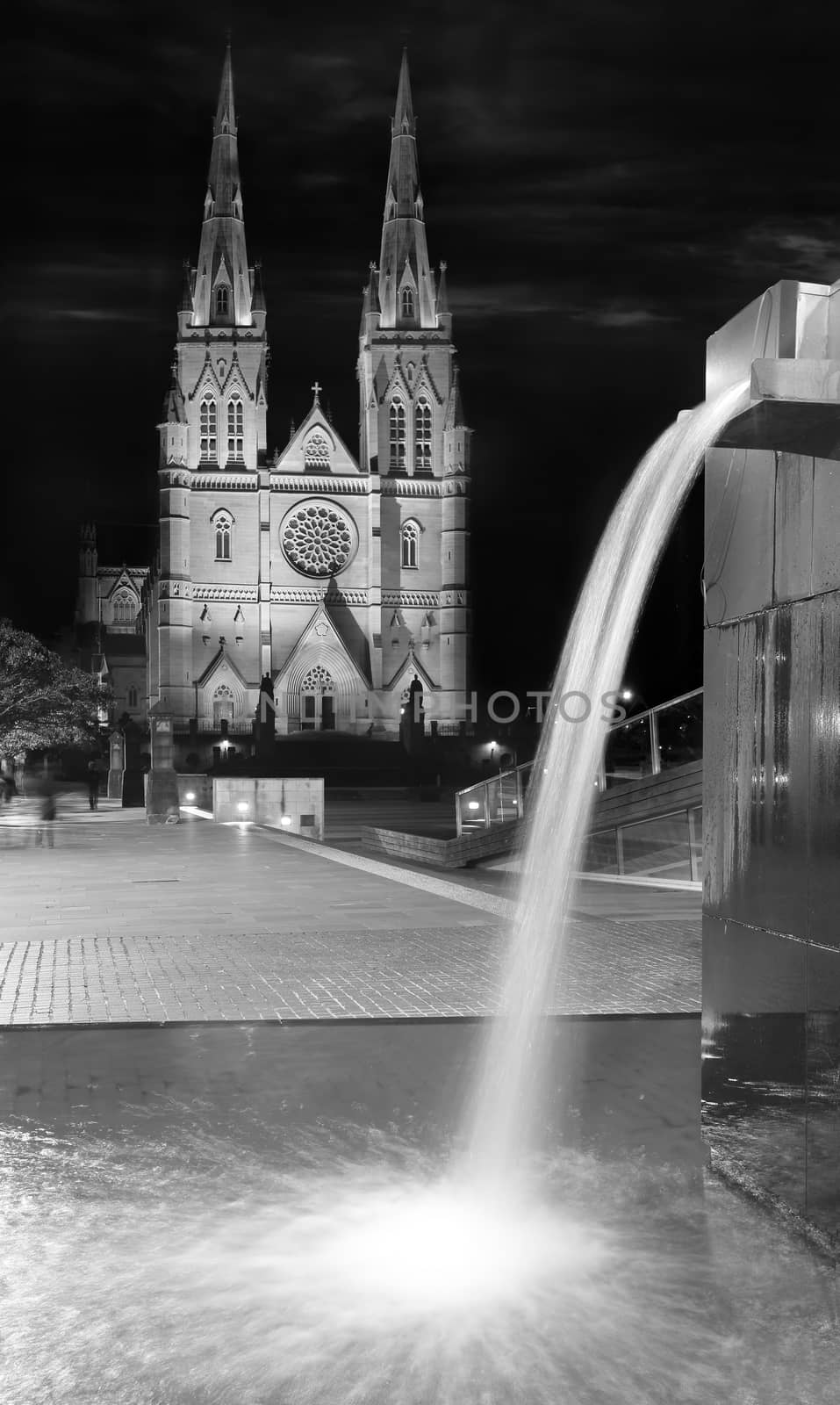 St Mary's Cathedral, Sydney Australia  at night.  The gothic architecture is reminiscent of many church buildings in Europe.