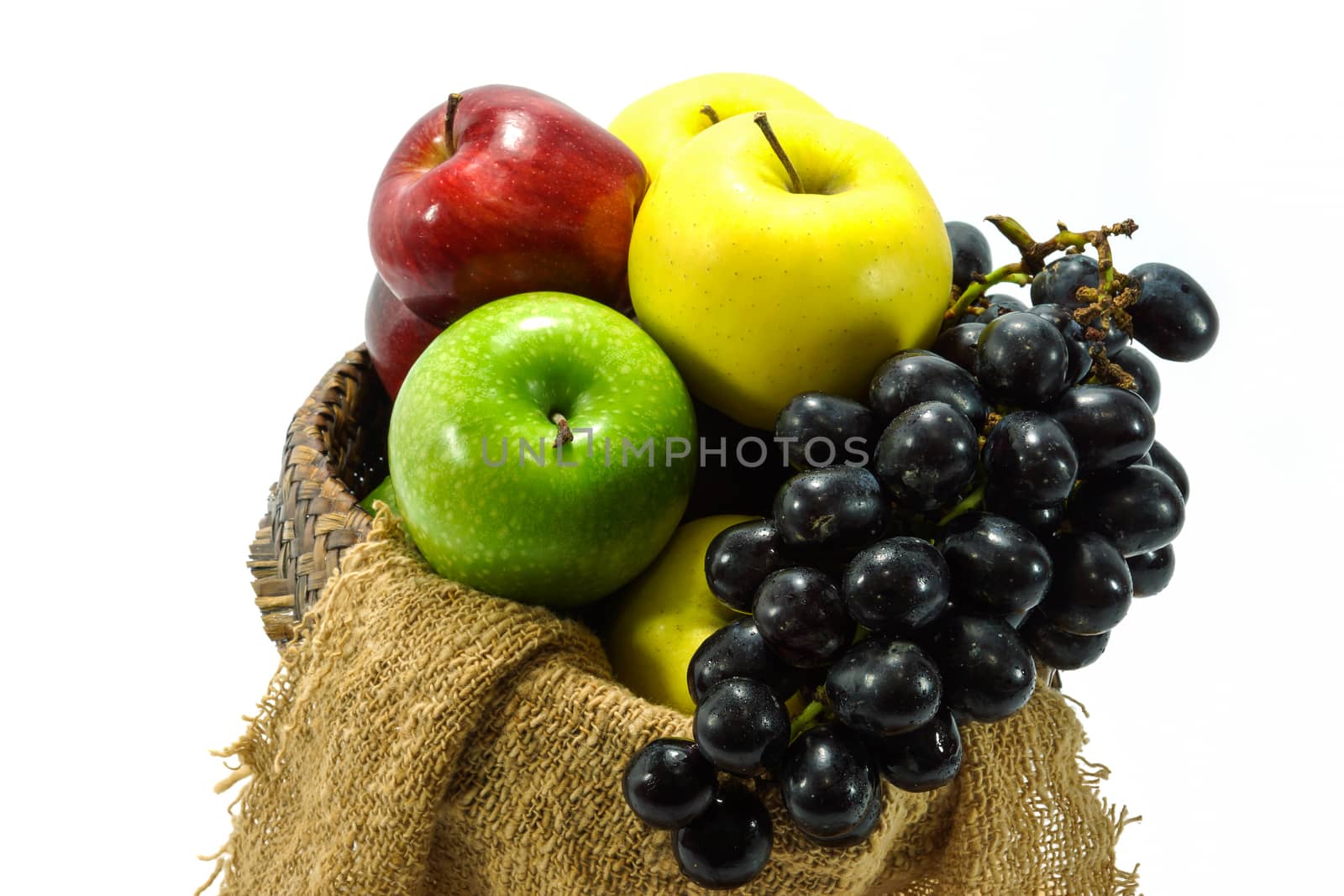 Apple multicolored and black grape.