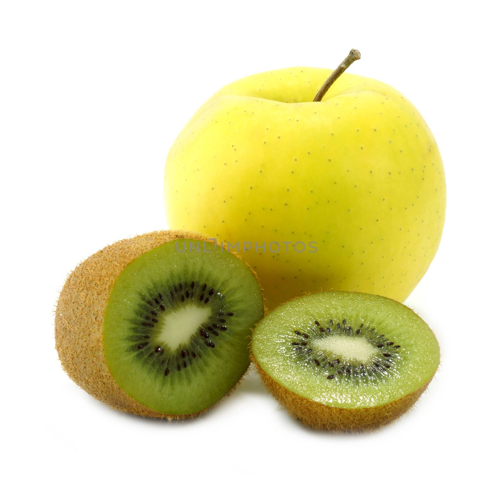 kiwi fruit and yellow apple isolated on white background