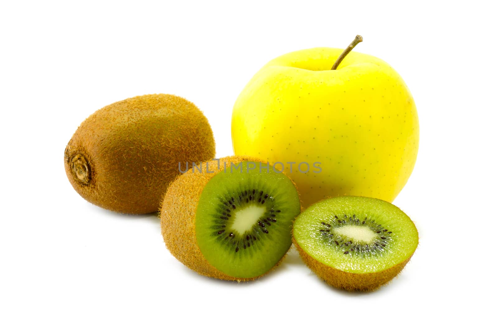 kiwi fruit and yellow apple isolated on white background by Noppharat_th
