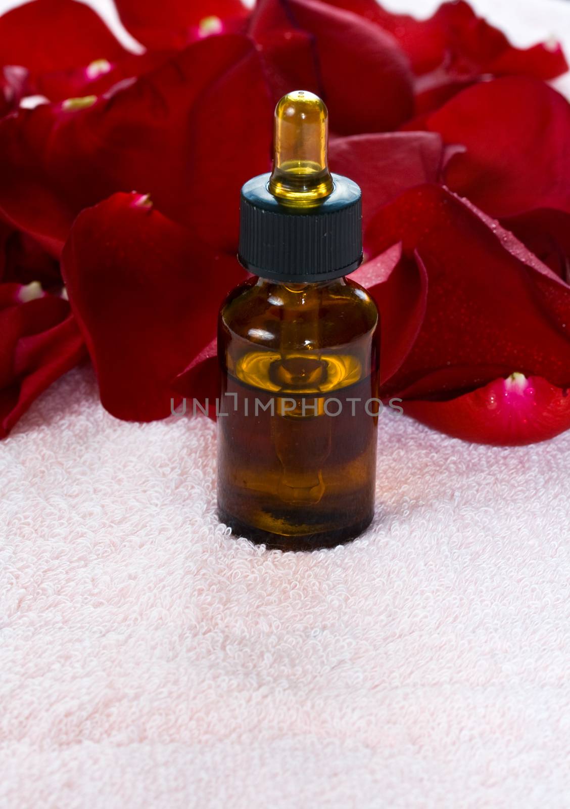 Bottle with oil and red rose petals on a towel. Spa concept
